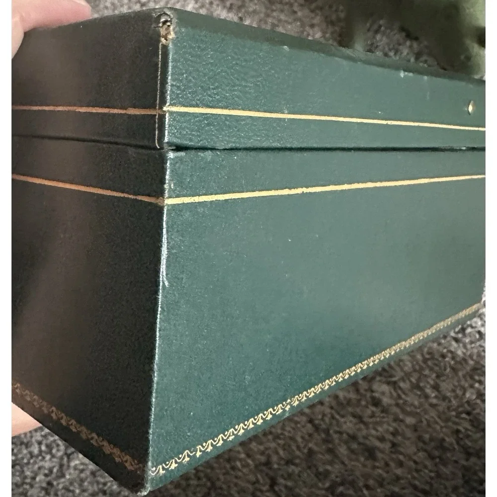 Vintage Jewelry Vanity Dresser Faux Leather Green Jewelry Box with Yellow Lining